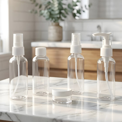 Wukusy 5-in-1 refillable travel cosmetic bottle set with clear containers and pump dispensers for toiletries and skincare on the go.