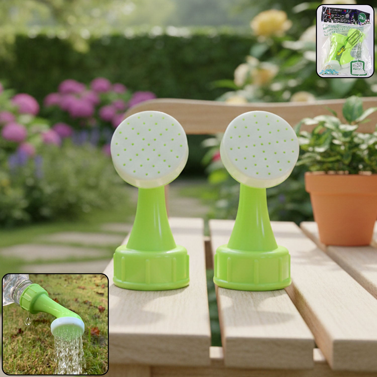 Wukusy garden water sprinkler head with two bottle watering nozzles for plants, adjustable garden watering and plant hydration.