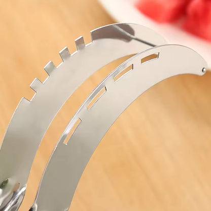 Wukusy 3-in-1 stainless steel watermelon and cantaloupe slicer knife with corer for fruit and vegetable preparation in kitchen.