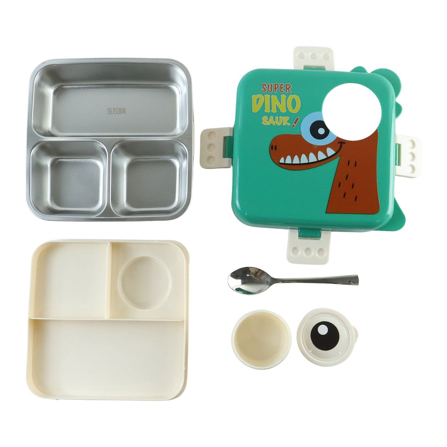 Steel kids dinosaur lunch box set by Wukusy with bento tray, spoon, and sauce cup, featuring colorful dinosaur design for children.