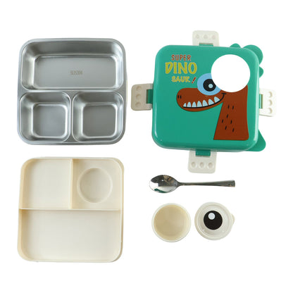 Steel kids dinosaur lunch box set by Wukusy with bento tray, spoon, and sauce cup, featuring colorful dinosaur design for children.