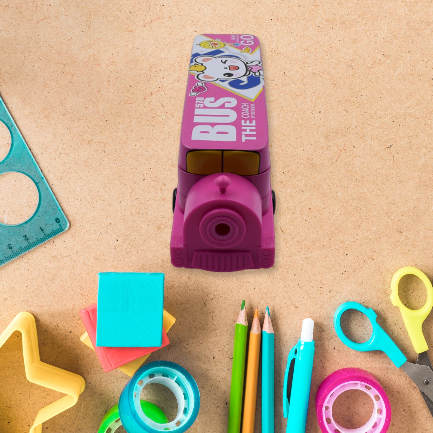 Wukusy double-decker metal bus-shaped pencil case with movable wheels and sharpener, featuring two tiers for kids' school supplies.