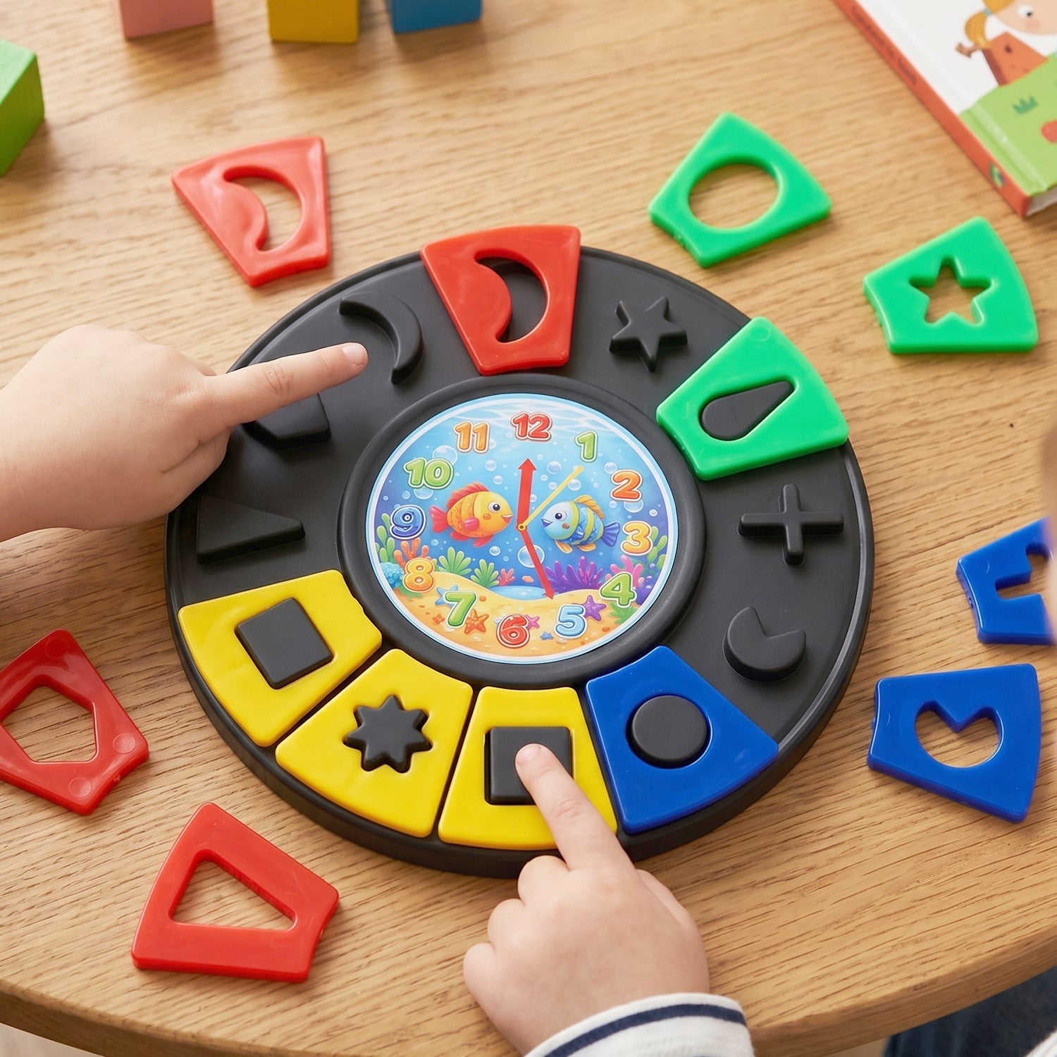 Color matching shape puzzle toy with clock for kids and toddlers, educational Wukusy learning toy with colorful pieces.