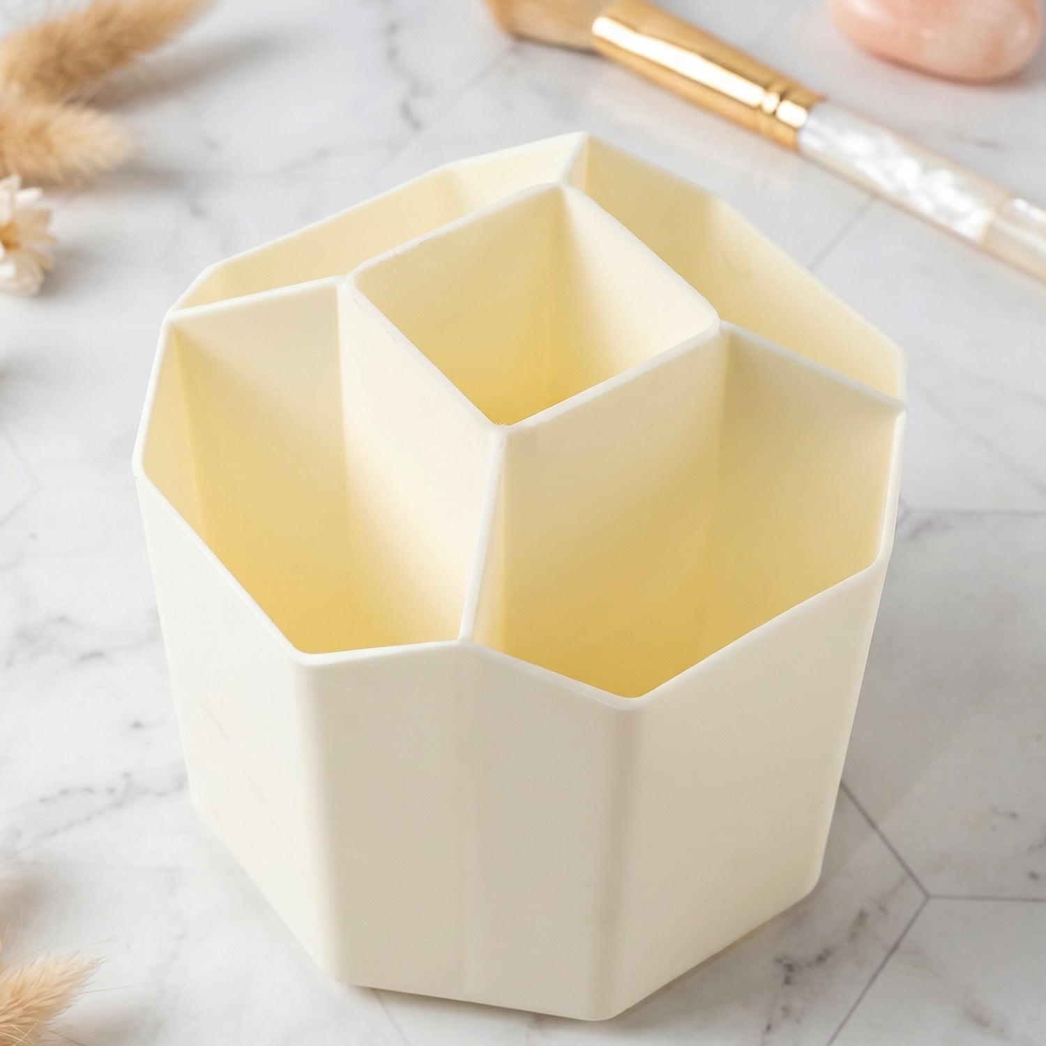 Wukusy 360-degree rotating desk organizer with multiple compartments for stationery and office supplies on a tidy workspace.