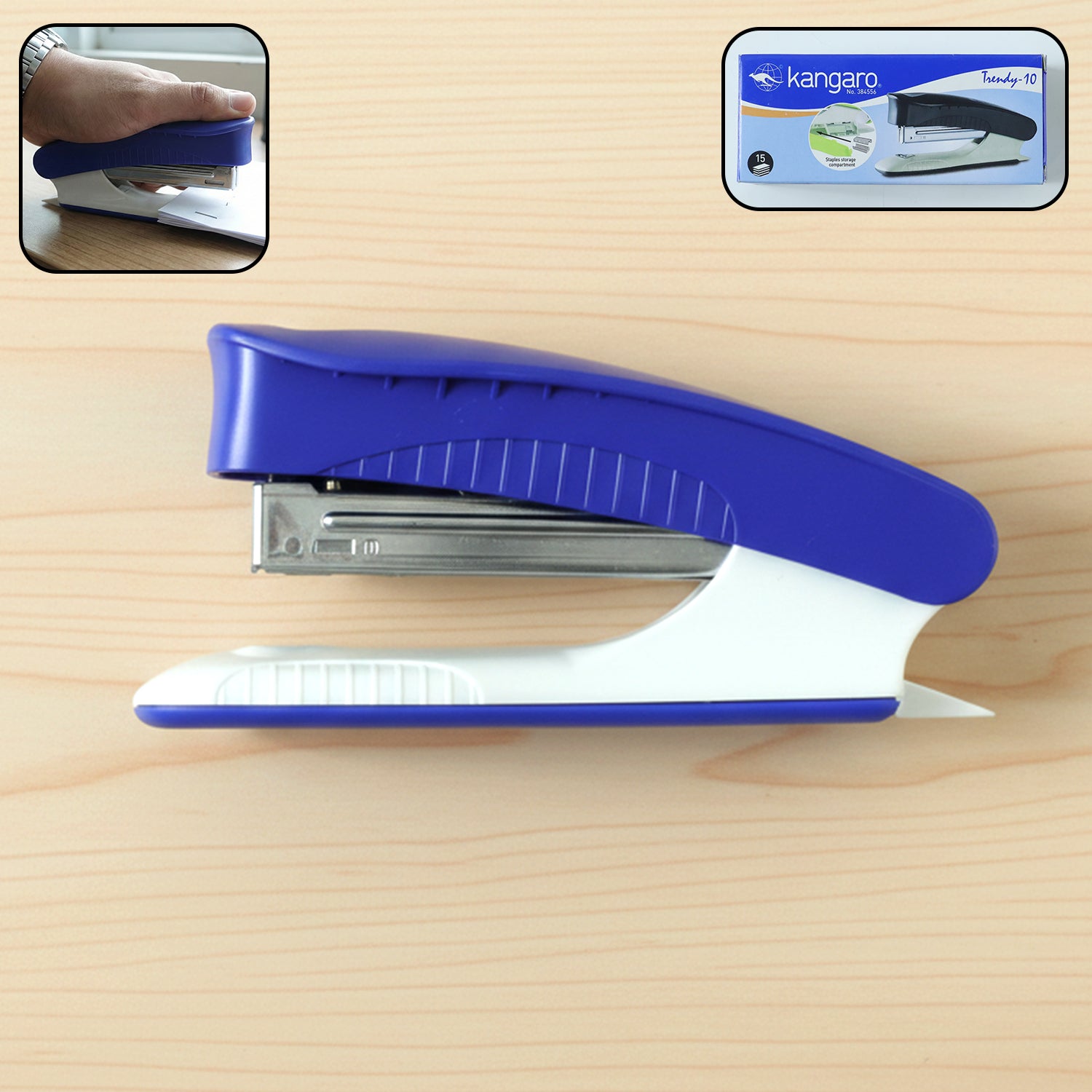 Wukusy Kangaro Trendy 10 manual stapler in black, showing the compact desktop stapler with open staple chamber for easy loading.