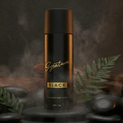 Wukusy Signature Premium Black Fragrance Body Spray 200ml bottle with sleek black packaging and spray nozzle.
