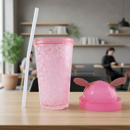 Wukusy cute bunny ear design tumbler sipper bottle, 500ml, with playful bunny ear accents and a clear plastic body.
