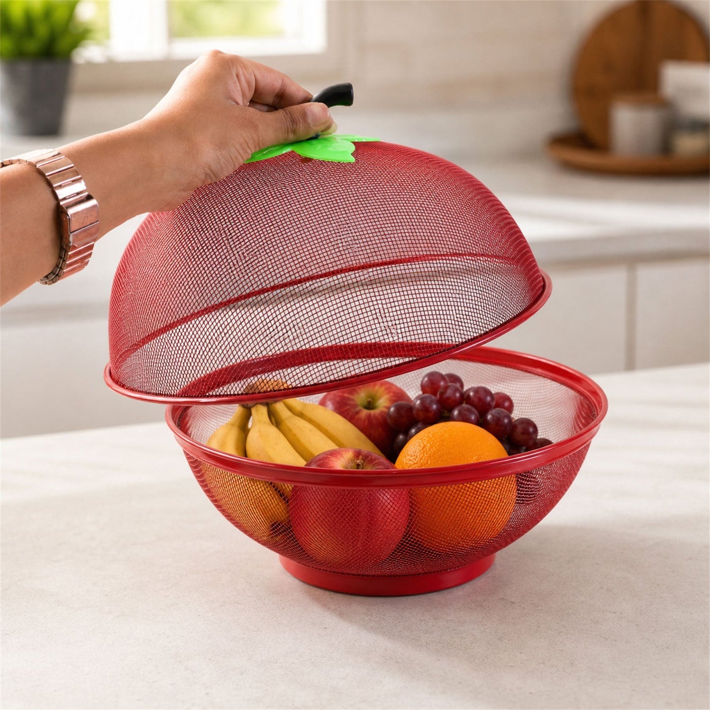 Wukusy metal net fruit basket with apple-shaped dome cover, kitchen storage for fresh fruits, modern and functional design.