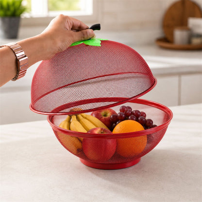 Wukusy metal net fruit basket with apple-shaped dome cover, kitchen storage for fresh fruits, modern and functional design.