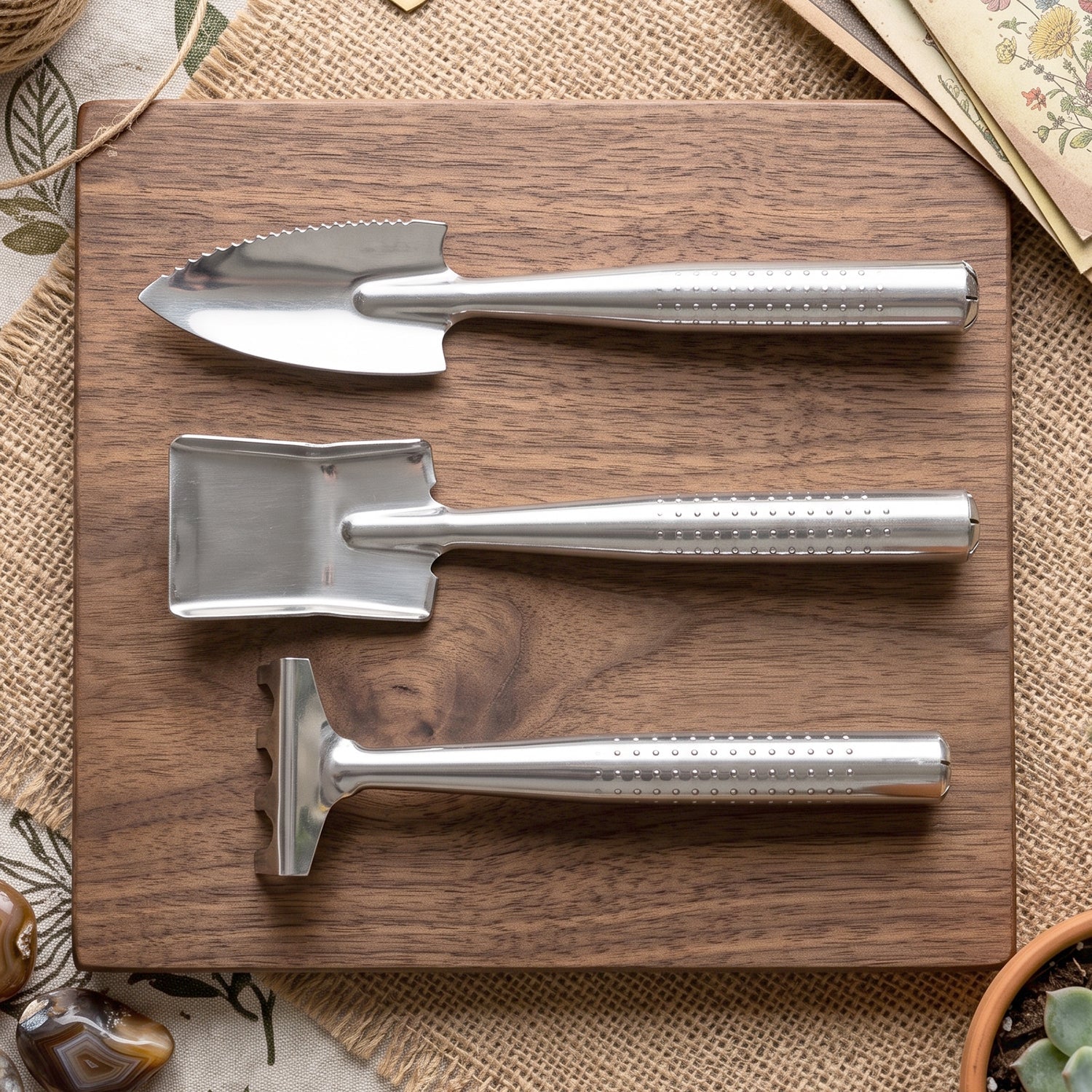 Wukusy stainless steel 3-in-1 garden hand tool set with spade, rake, and fork, arranged on a wooden surface.