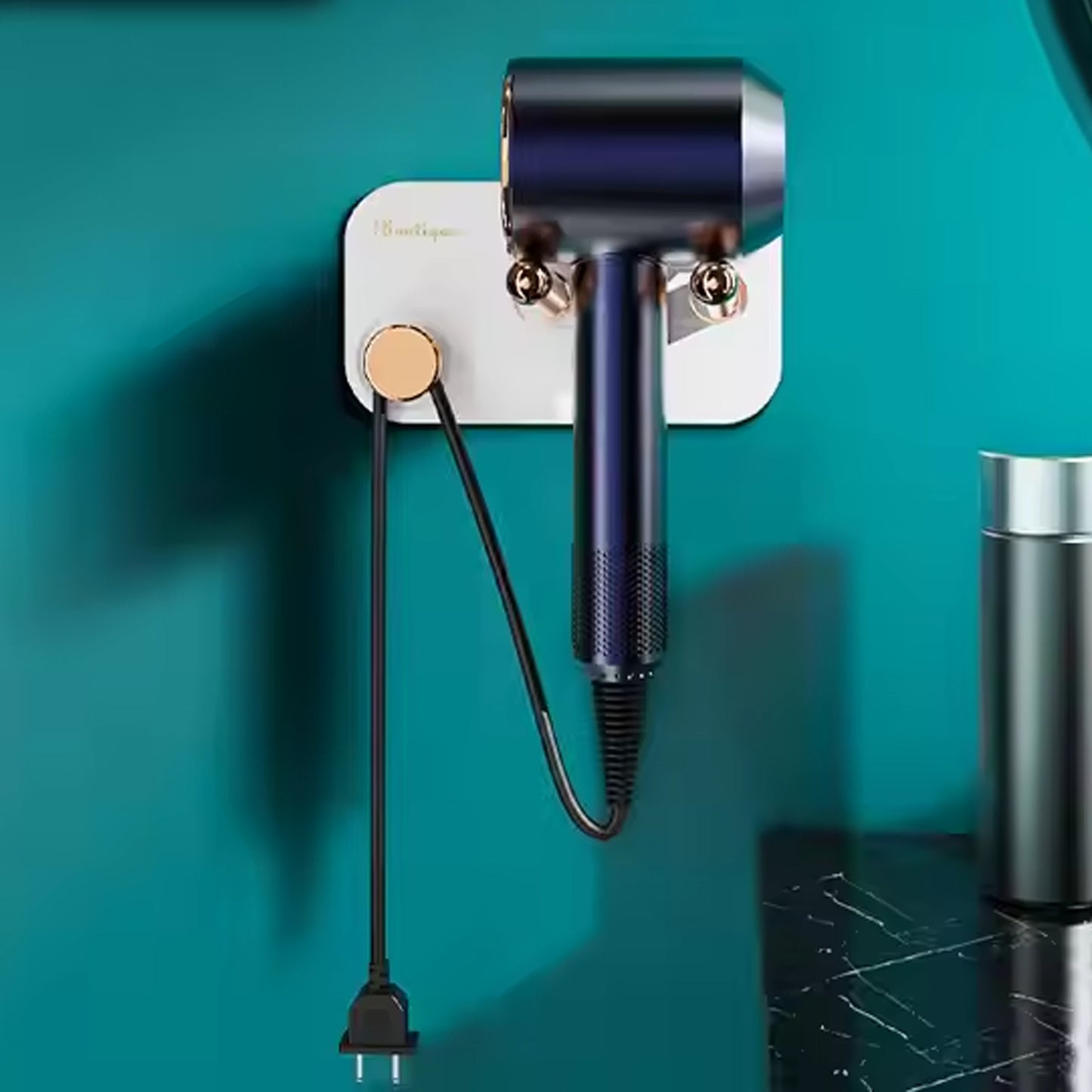 Wukusy wall mount hair dryer holder with self-adhesive backing, designed for convenient home hair dryer storage and organization.