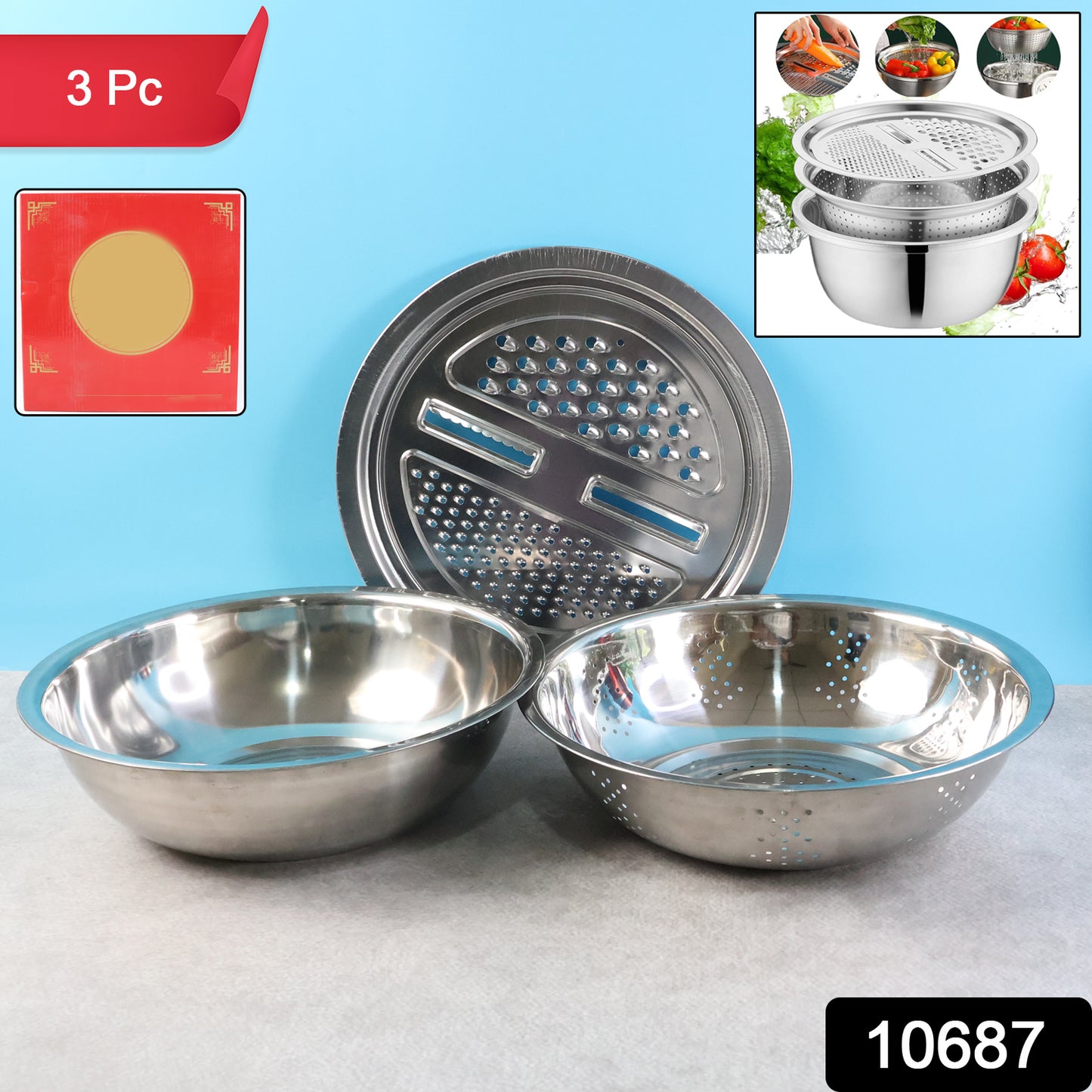Wukusy 3-in-1 stainless steel mixing, straining, and grater bowl set with multiple attachments for versatile kitchen use.