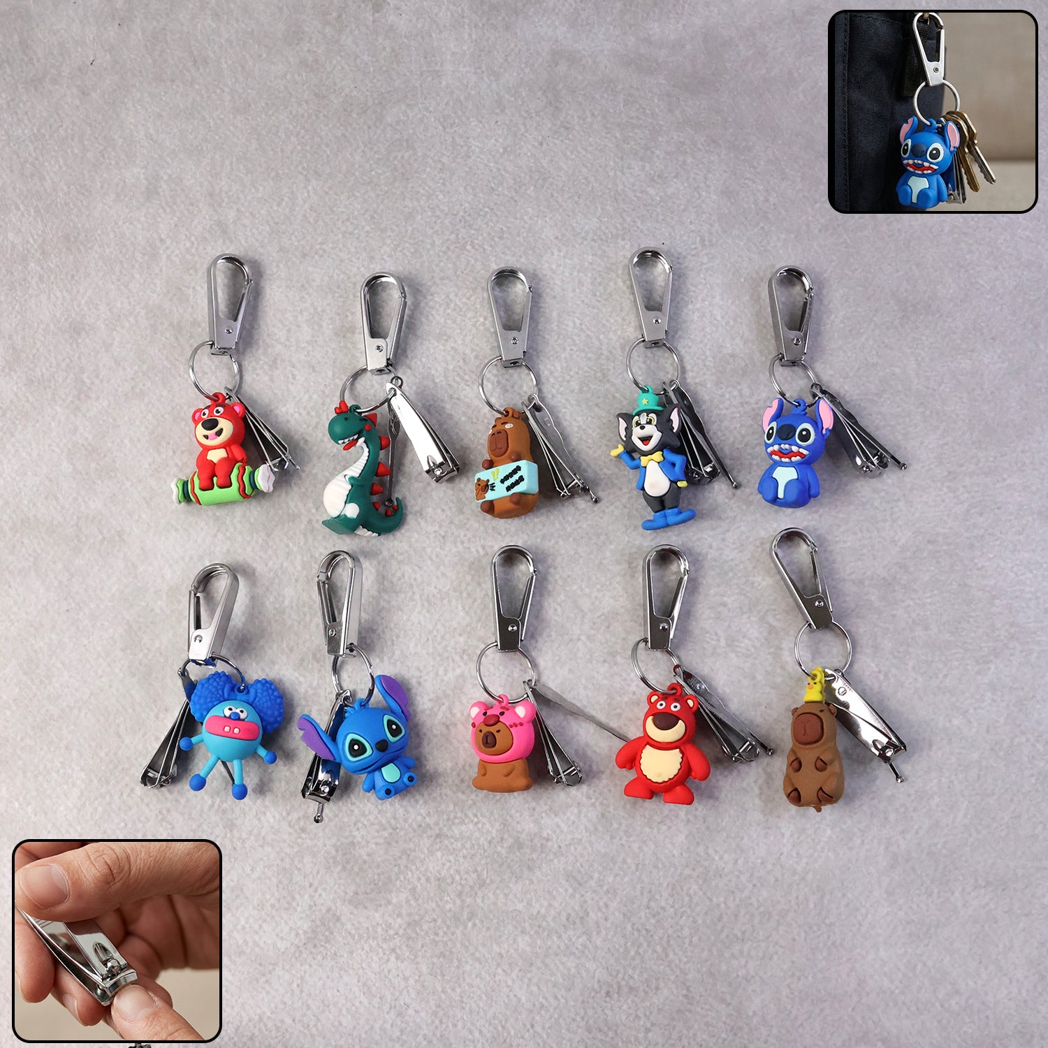 Wukusy mix design cartoon nail cutter keychain with mini nail clipper, featuring colorful character artwork and compact size.