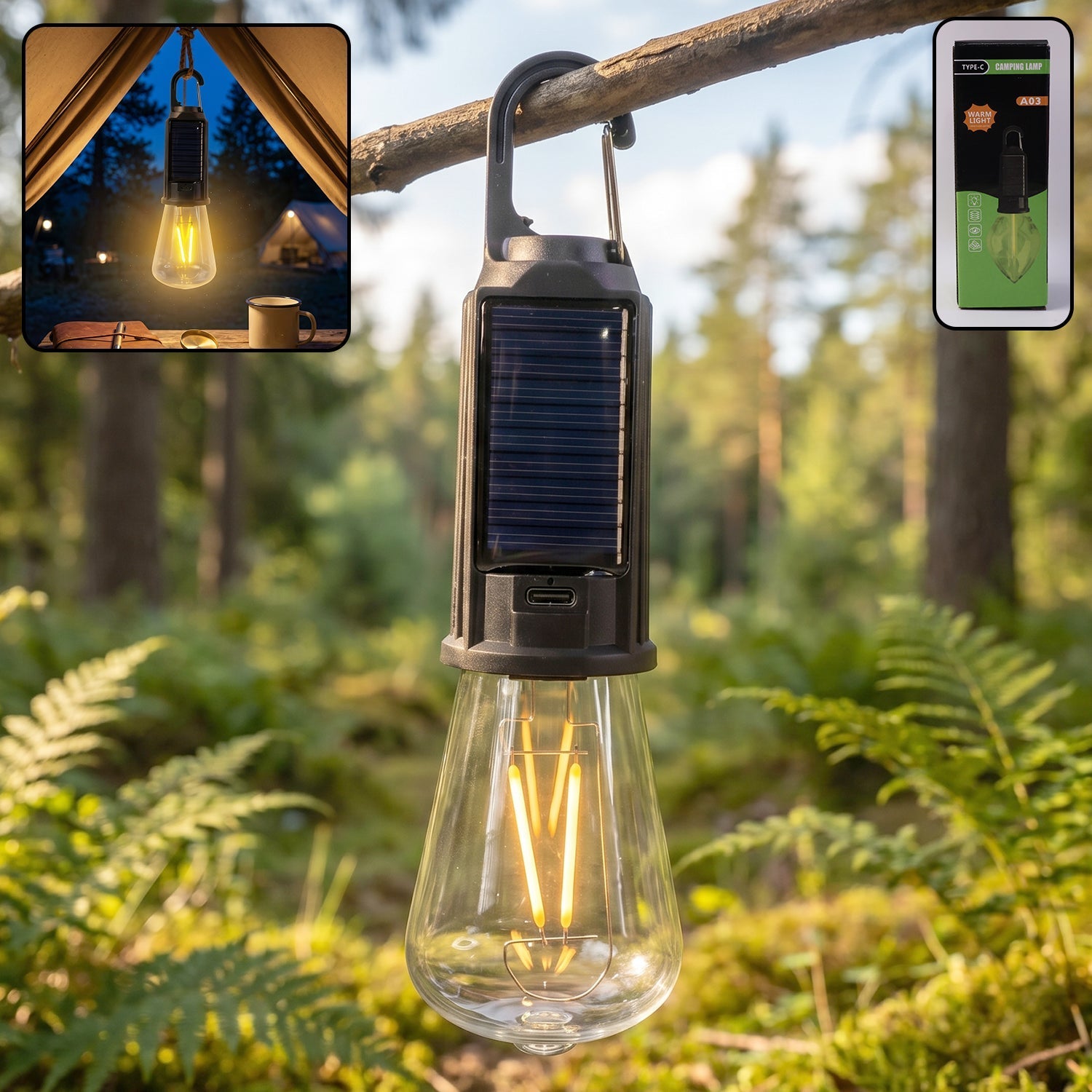Wukusy solar rechargeable camping lamp with warm LED light, portable design, hook for hanging, shown in a camping setting