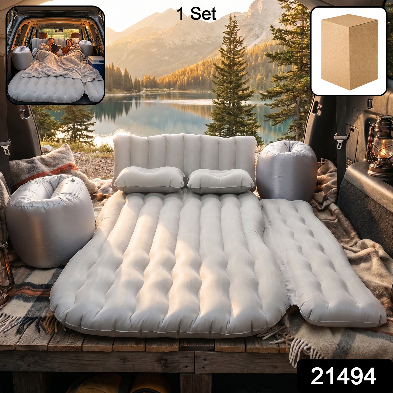 Wukusy portable car air mattress bed set with two pillows and air pump, inflated and ready for use inside a vehicle.