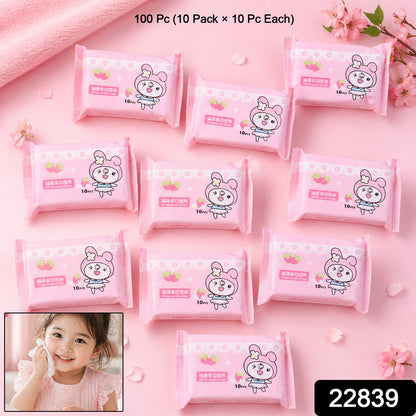 Cartoon printed soft wet wipes pack by Wukusy, 100 pieces in 10 packs, showing colorful wipe package with playful character design