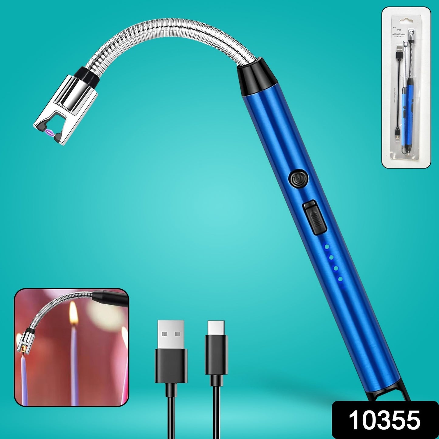 Wukusy metal rechargeable electric arc lighter with flexible neck, ideal for home and kitchen use, shown with extended flexible arm.