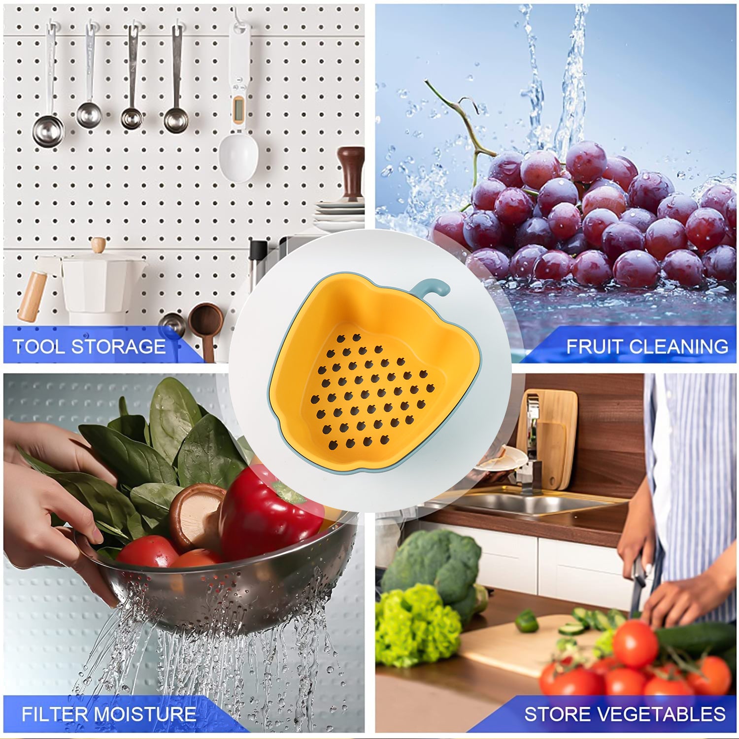 Wukusy pepper-shaped 2-in-1 washing bowl for kitchen use, with a vibrant red pepper design and multiple compartments.
