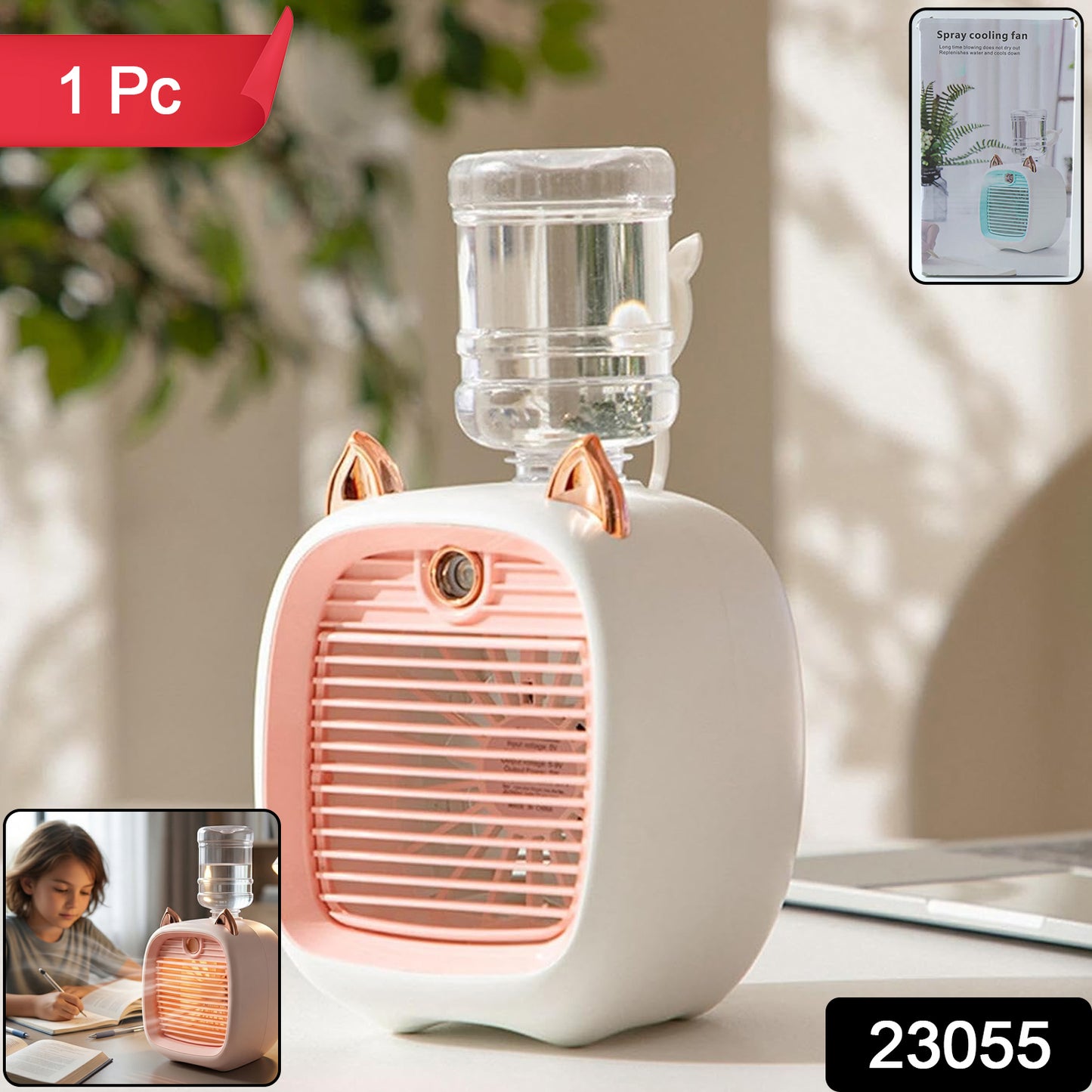 Wukusy portable mini air cooler fan with spray mist function, compact device on a white background for cooling and humidifying.