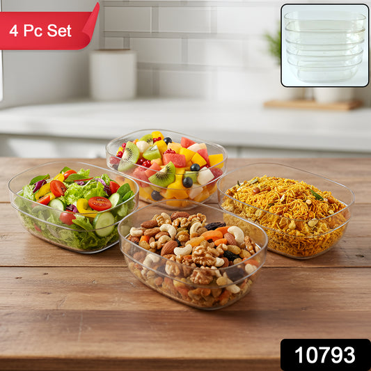 Set of four transparent Wukusy multipurpose serving bowls, clear plastic bowls for salads, snacks, or food storage.