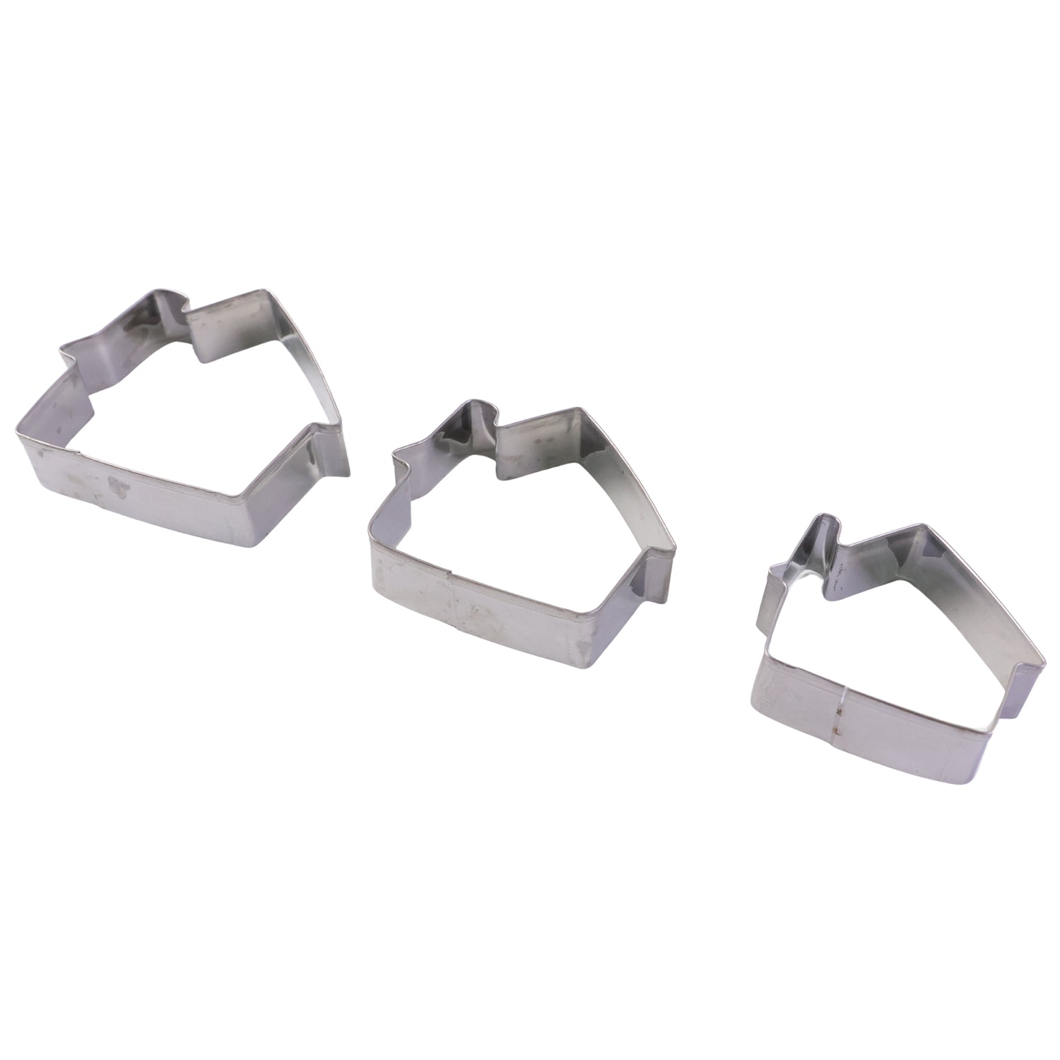 Wukusy stainless steel house-shaped cookie cutter set with three different house designs on a plain background.