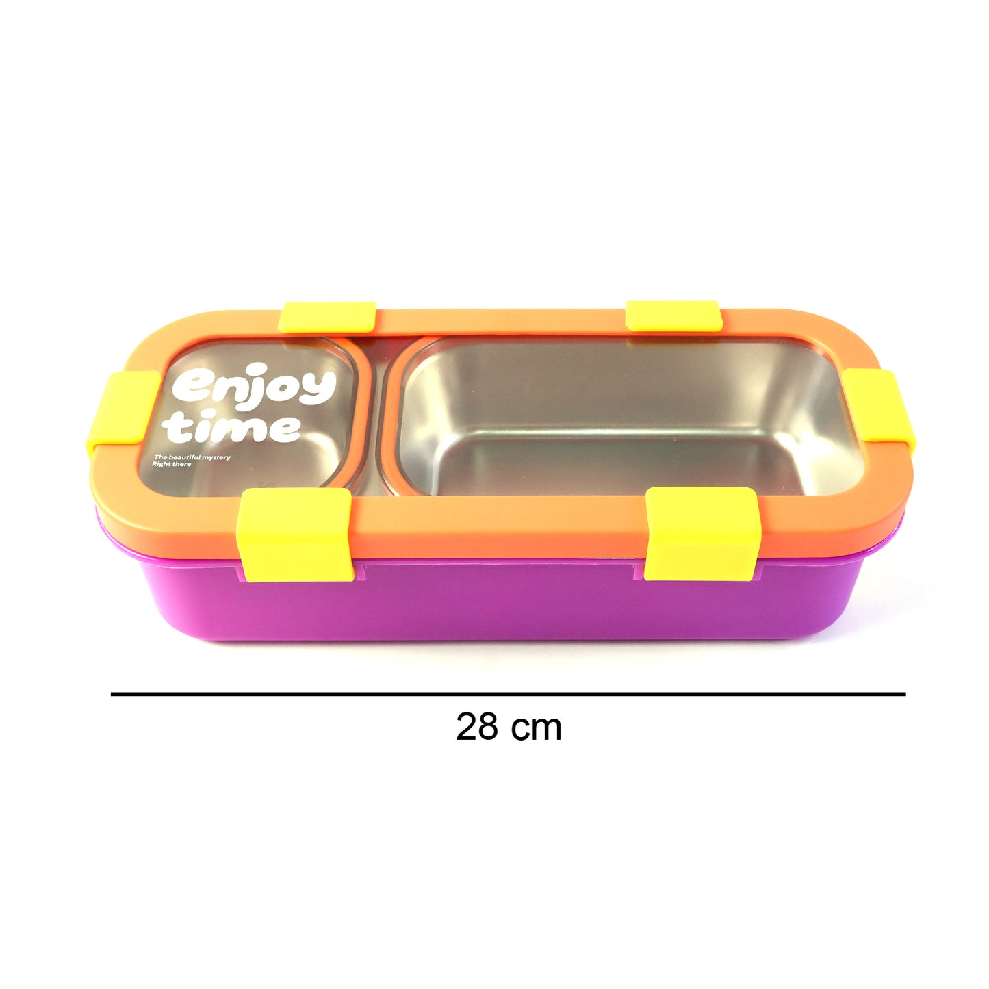 Wukusy stainless steel leak-proof lunch box with two compartments, spoon, and fork, shown with food inside.