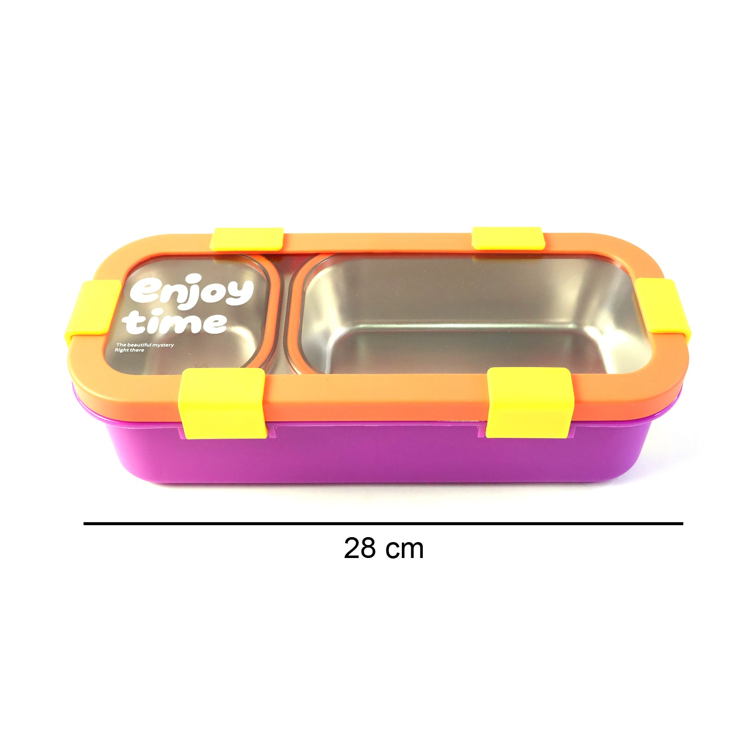 Wukusy stainless steel leak-proof lunch box with two compartments, spoon, and fork, shown with food inside.