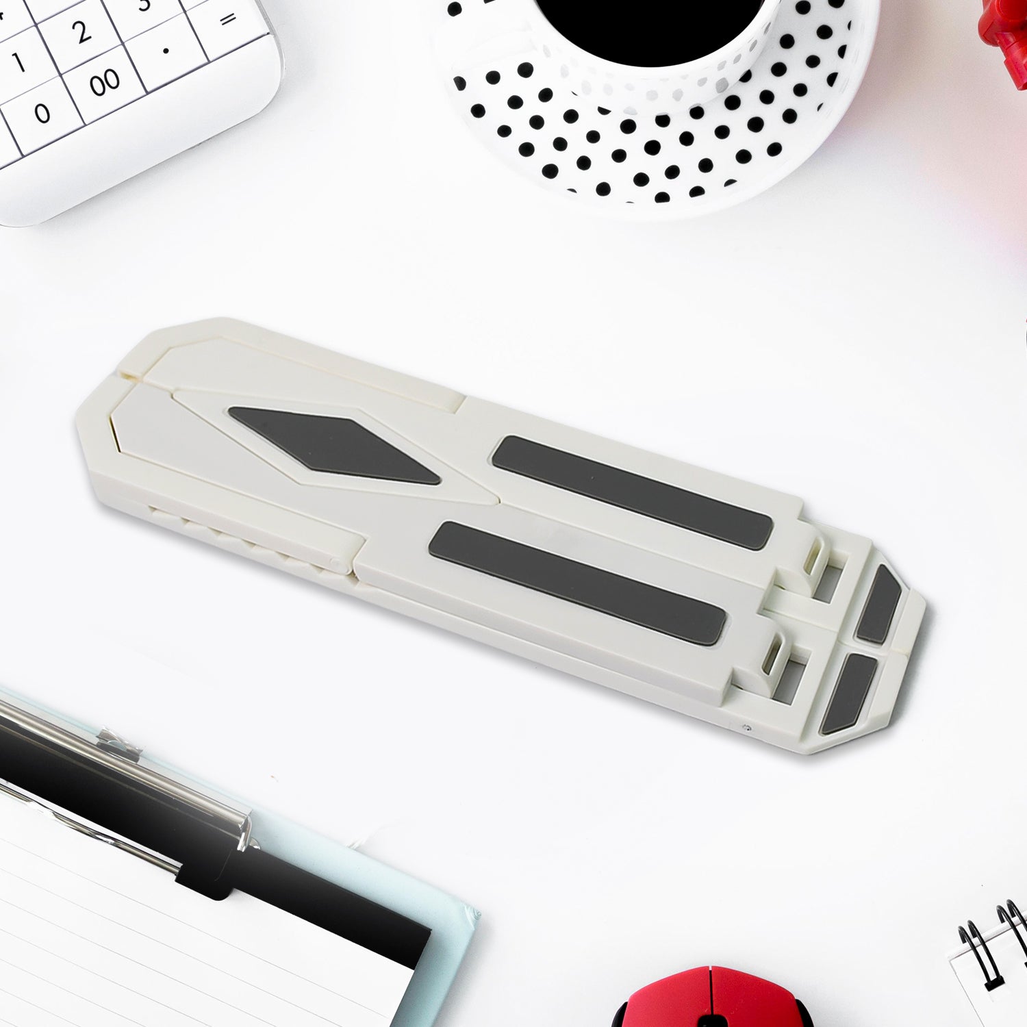 Wukusy adjustable tablet and phone stand with multi-position holder for laptops and mobile devices, black plastic design.