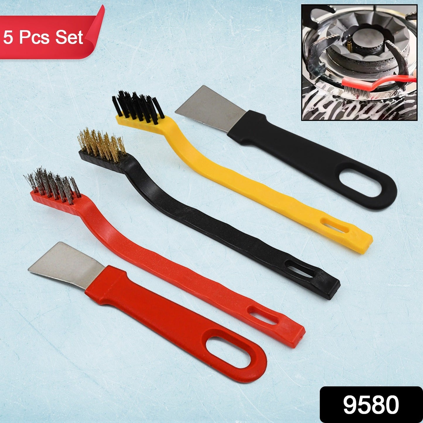 Wukusy 5-piece wire brush and scraper set for home improvement, showing metal brushes and scrapers with ergonomic handles.