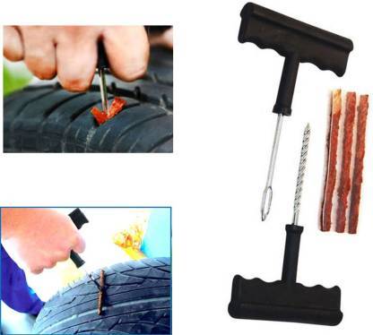 Wukusy tubeless tyre puncture repair kit with nose pliers, rubber cement, and extra strips for cars and bikes, shown with tools and strips.