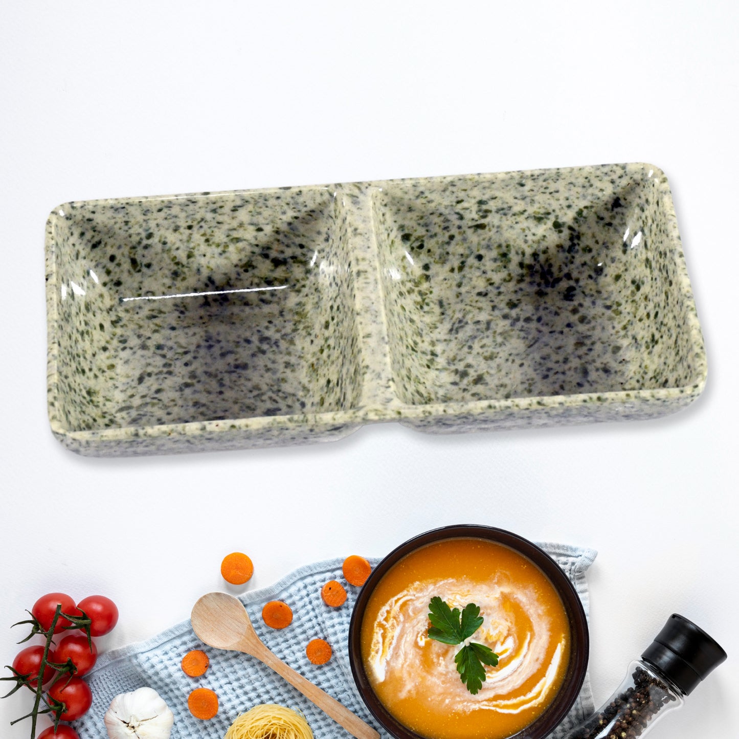 Wukusy Sunday Funday ceramic tea cups set with plastic snacks platter, chutney bowls, and coffee mugs for breakfast and parties.