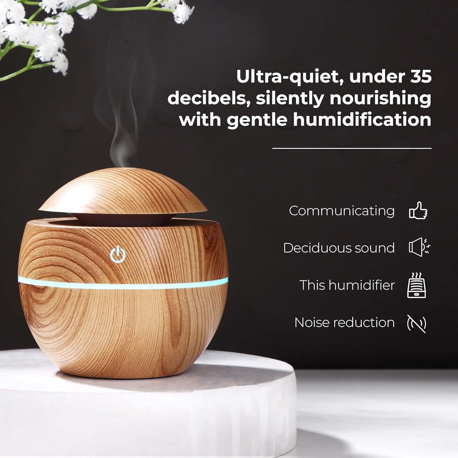 Wukusy ultrasonic aroma diffuser humidifier with 200ml capacity and LED light, suitable for home or office use.