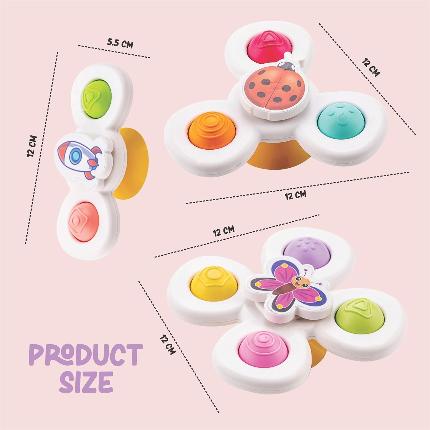 White Wukusy baby spinner toy set with three sensory suction spin toys for infants and toddlers.