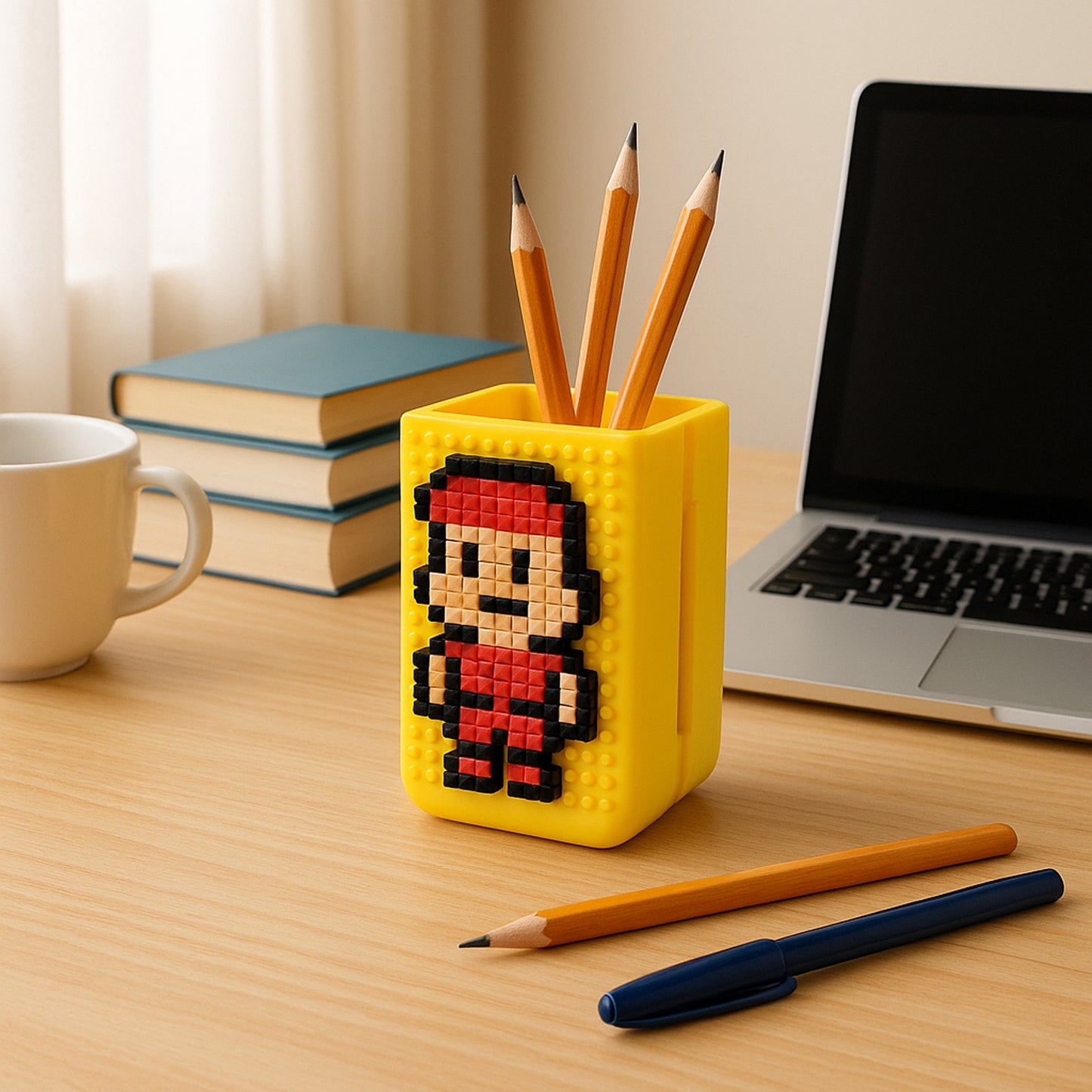 Wukusy DIY pixel art pen stand with building block set, office desk organizer featuring colorful block designs.