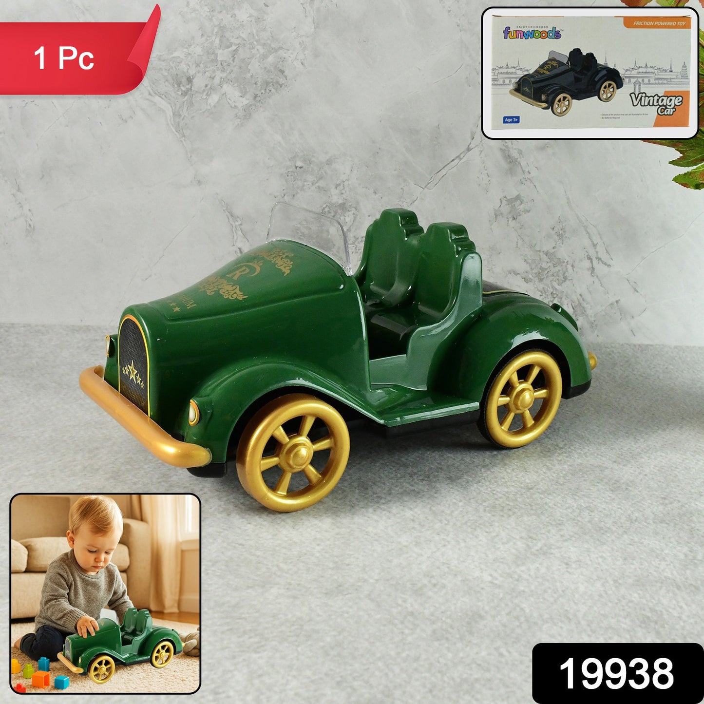 Wukusy Funwoods vintage friction-powered wooden car toy with classic design and colorful finish, suitable for children.