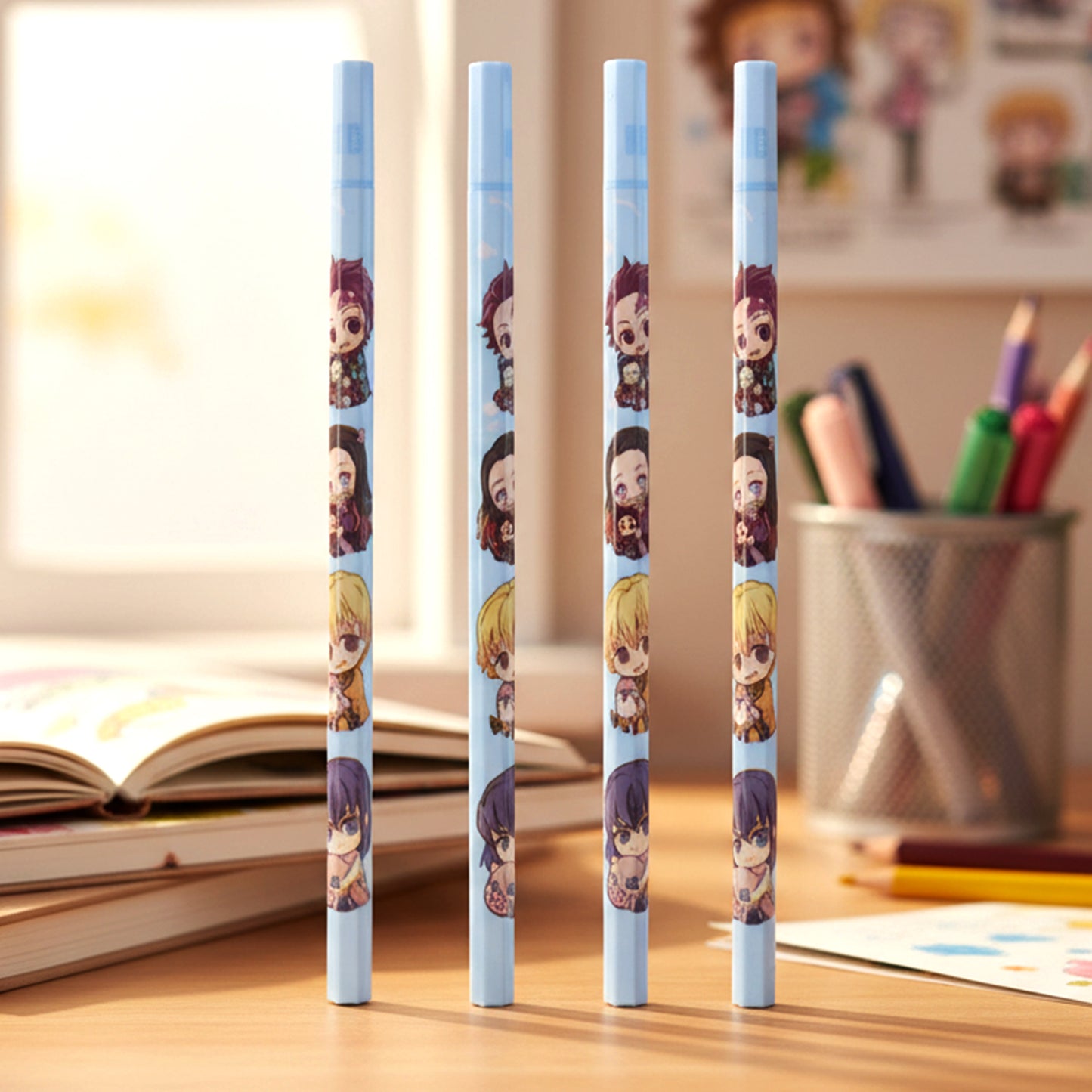 Set of four cartoon printed Wukusy kids' school writing pencils with colorful, cute designs for children.