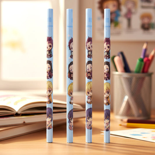 Set of four cartoon printed Wukusy kids' school writing pencils with colorful, cute designs for children.