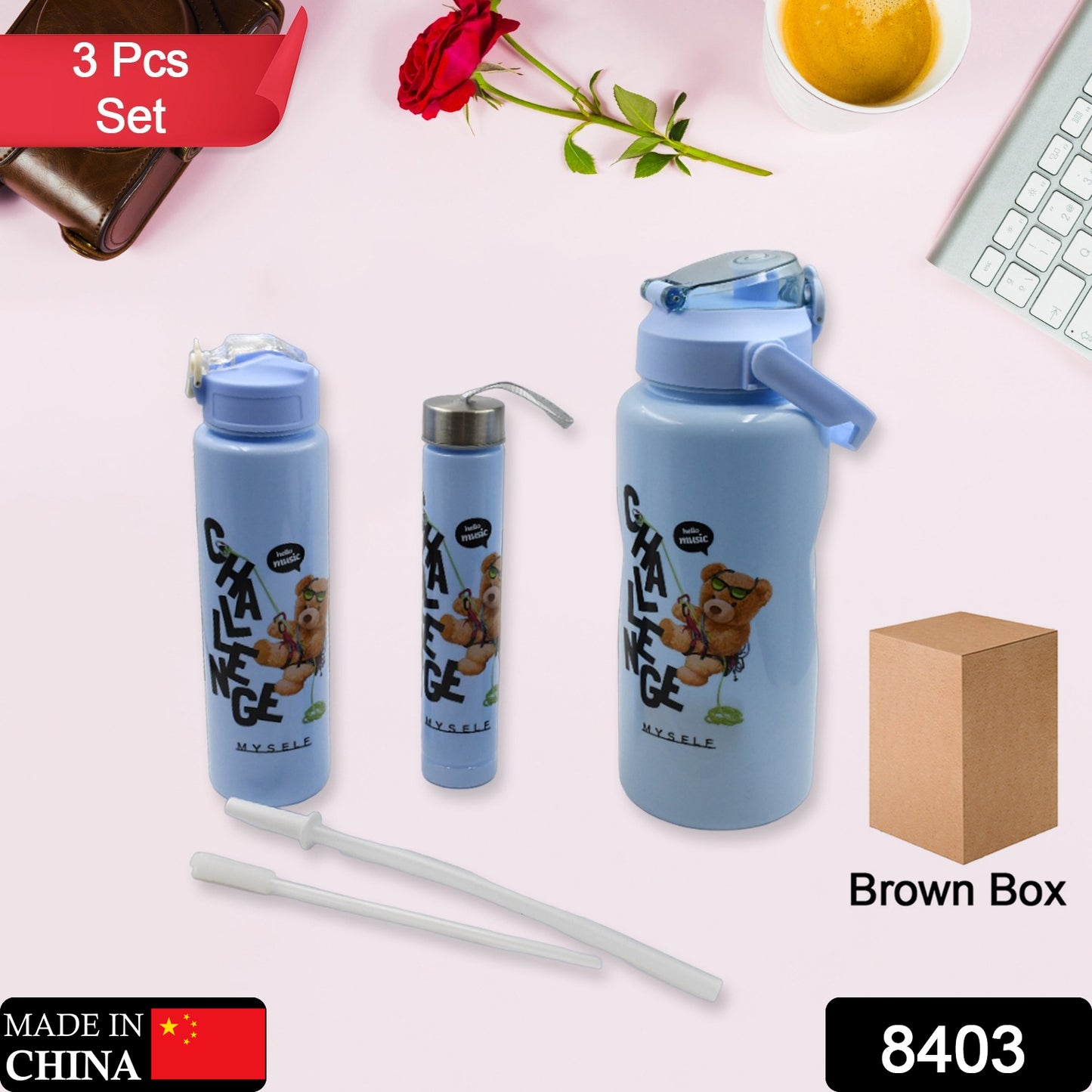 Wukusy 8403 plastic water bottle 3-piece set with cartoon prints, BPA-free, leak-proof, in different sizes for kids, school, or gym use.