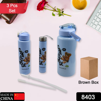 Wukusy 8403 plastic water bottle 3-piece set with cartoon prints, BPA-free, leak-proof, in different sizes for kids, school, or gym use.