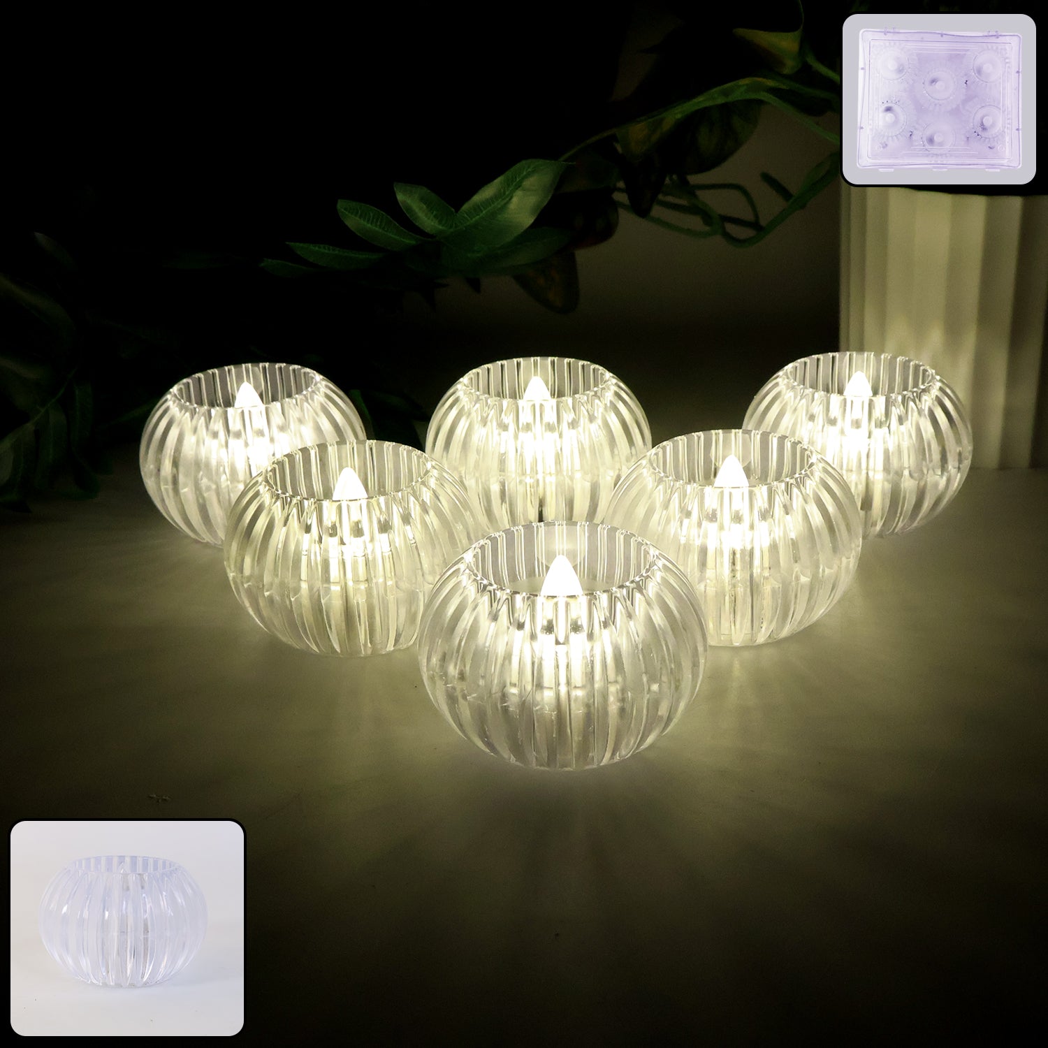 Set of six Wukusy crystal design LED flameless tealight candles for home decor, featuring realistic flickering light and elegant crystal bases.