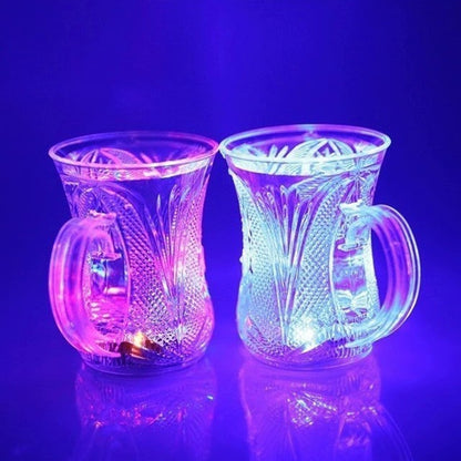 Wukusy flashing LED water sensor cup with handle, glowing water-filled party and holiday drinking cup set, ideal for festive occasions