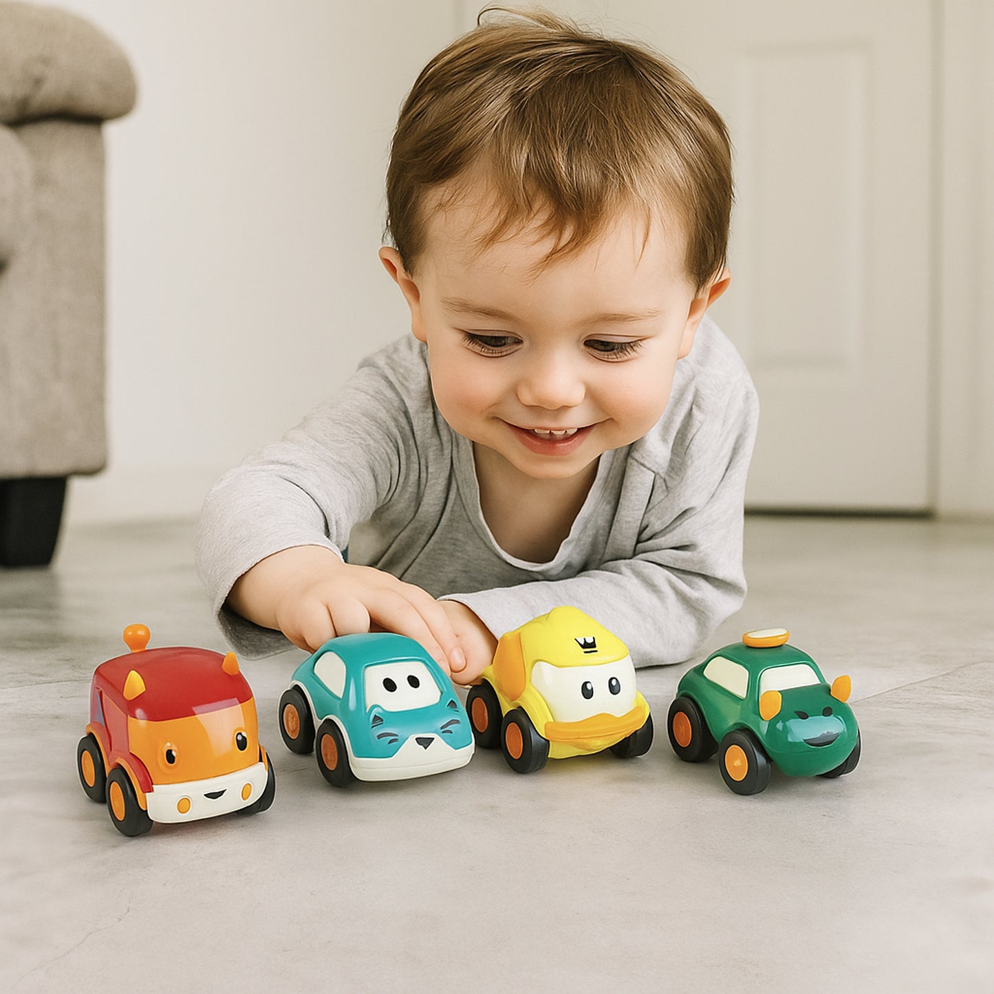 Set of 12 colorful cartoon pull-back toy cars for kids by Wukusy, featuring playful designs and small, durable plastic construction.