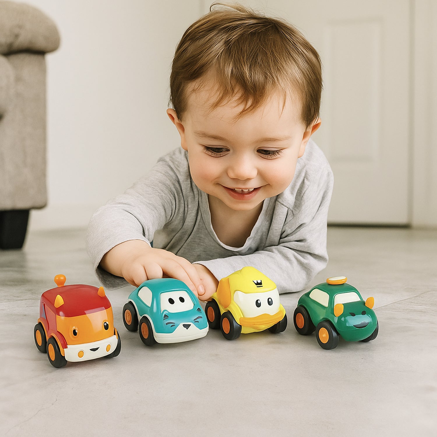 Set of 12 colorful cartoon pull-back toy cars for kids by Wukusy, featuring playful designs and small, durable plastic construction.
