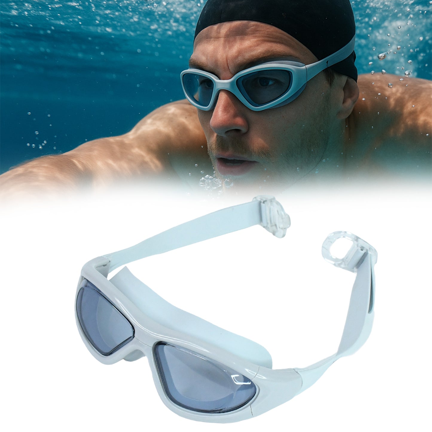 Wukusy premium wide vision swimming goggles with protective hard case, clear lenses, and adjustable strap for comfortable fit.