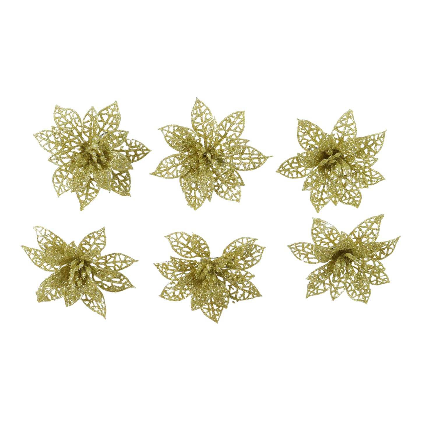Six colorful glitter flower hair clips from Wukusy, arranged in a set with vibrant mixed colors on a white background.