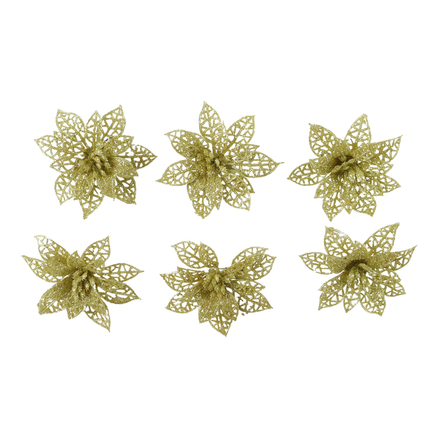Six colorful glitter flower hair clips from Wukusy, arranged in a set with vibrant mixed colors on a white background.