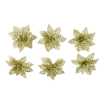 Six colorful glitter flower hair clips from Wukusy, arranged in a set with vibrant mixed colors on a white background.