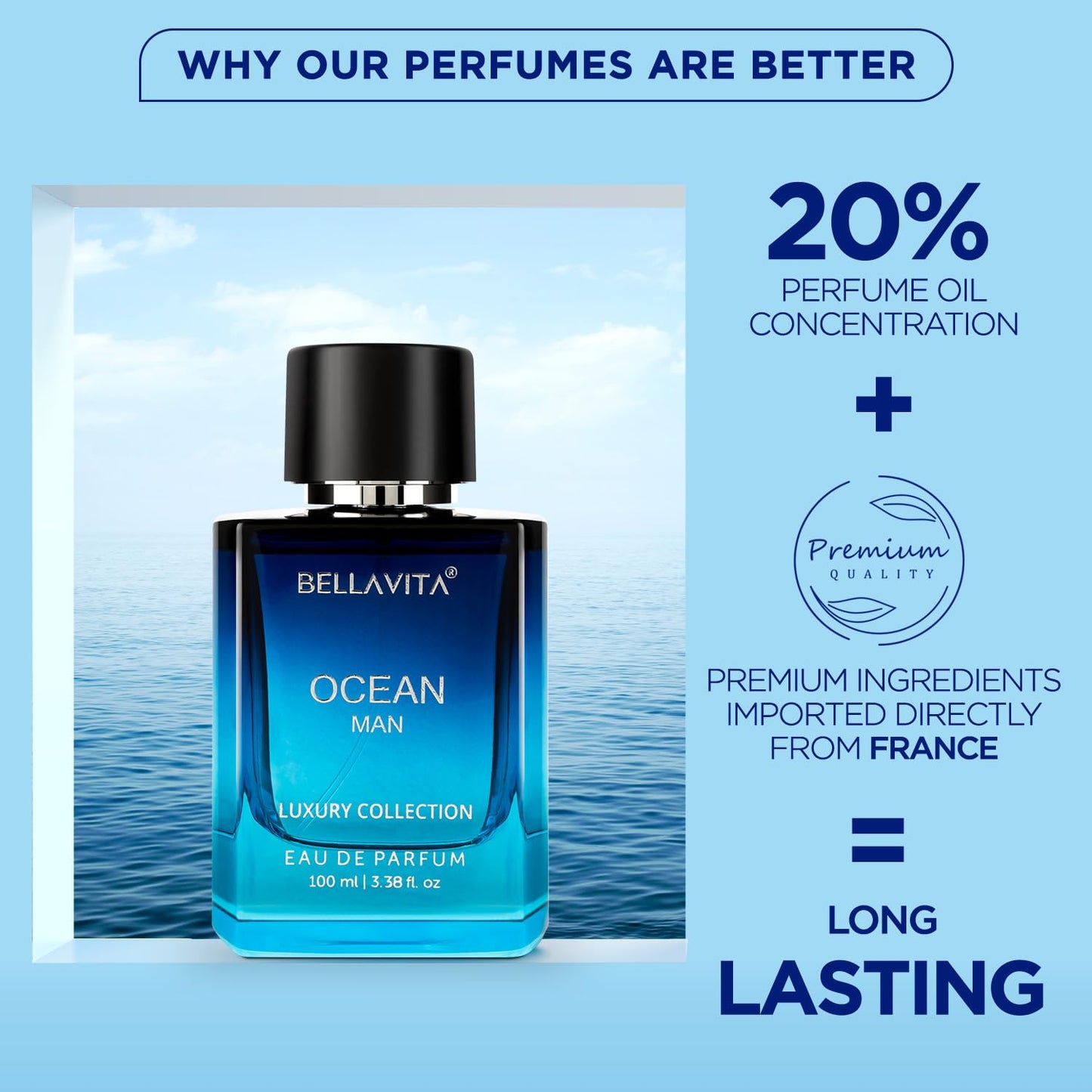Bellavita Premium Ocean Man Eau De Perfume bottle by Wukusy, featuring a sleek design and ocean-inspired fragrance.