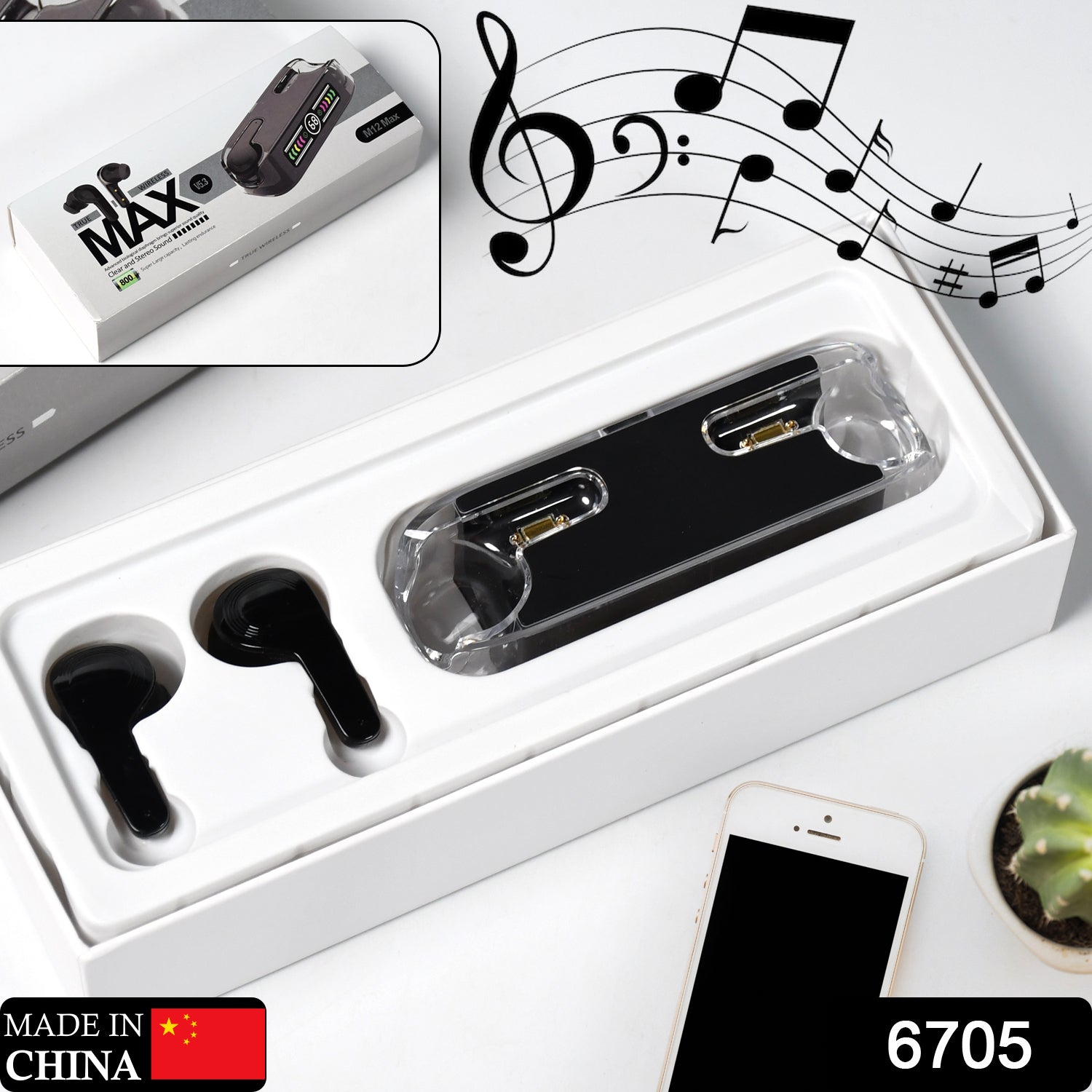 Black Wukusy 6705 Bluetooth earphones with touch control, wireless stereo sound, made with high-end materials, for mobile accessories.