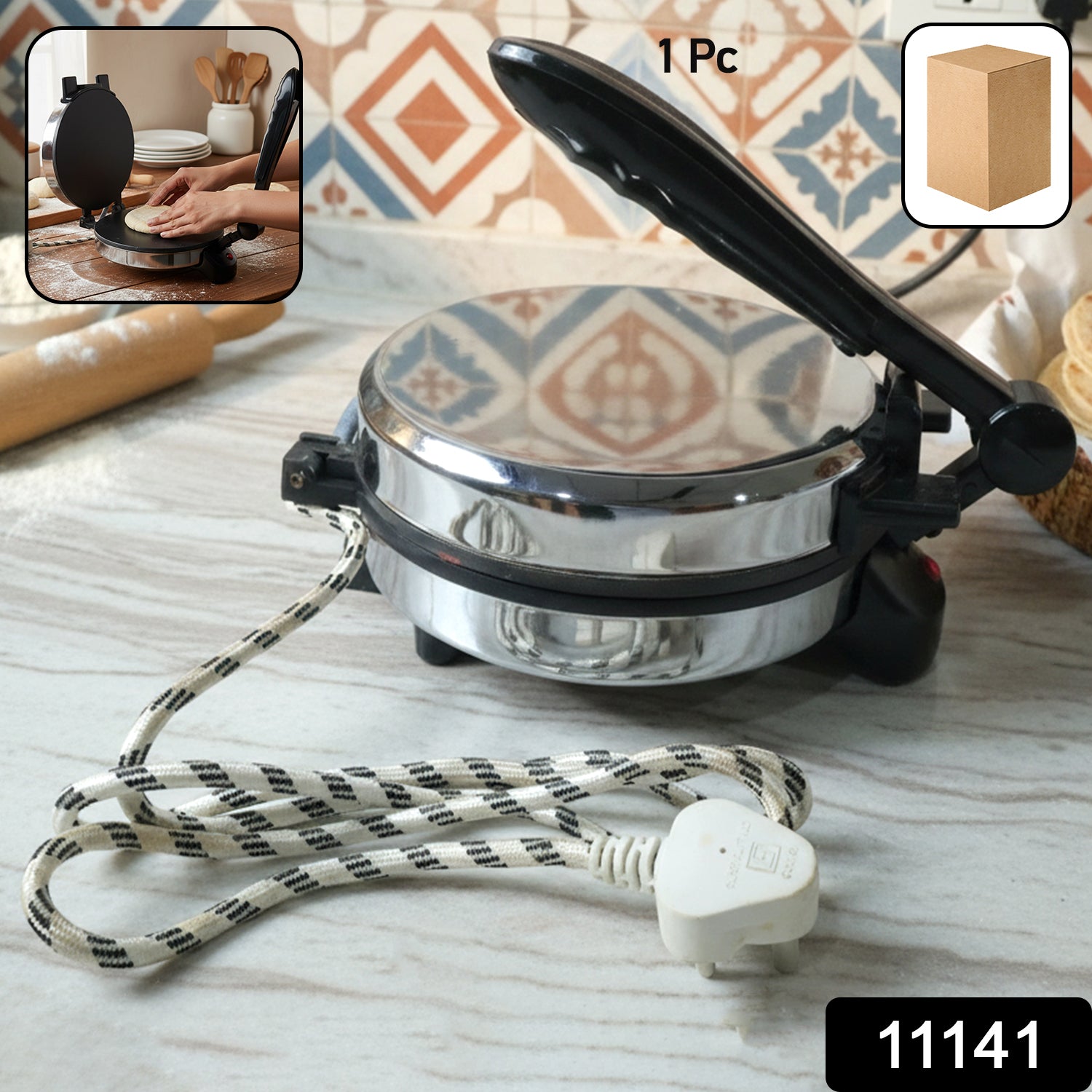 Wukusy electric roti maker with stainless steel heating plate, compact kitchen appliance for making traditional Indian flatbreads.